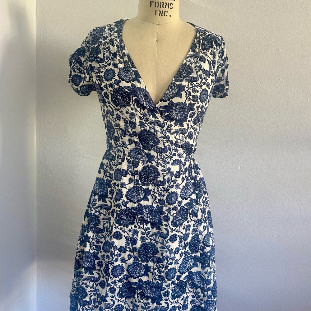 & Other Stories Blue and White Flutter Sleeve Mini Dress
